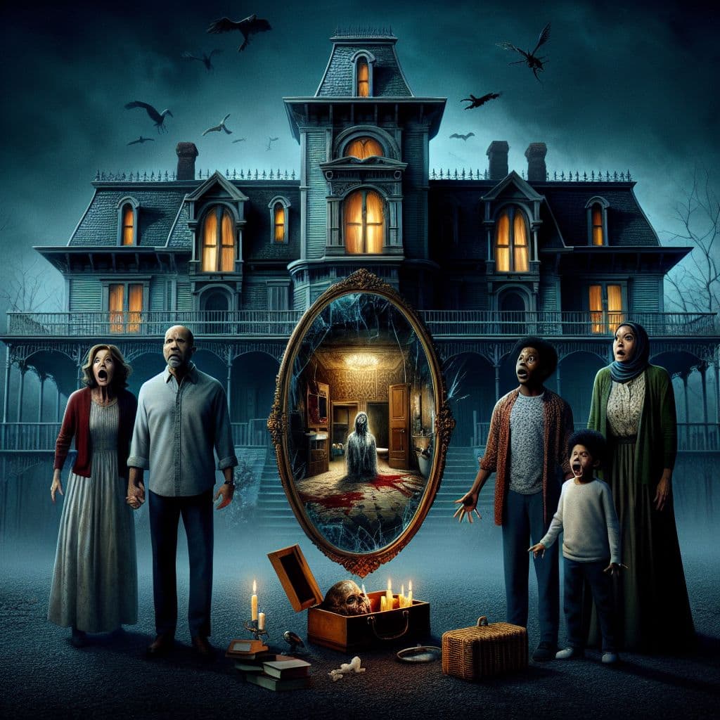 Digital art 4k scene from a movie: In a twisted turn of events, a haunted mansion reveals its disturbing history through a mirror that displays the gruesome murder that took place in the master bathroom, leaving a family shocked and terrified.