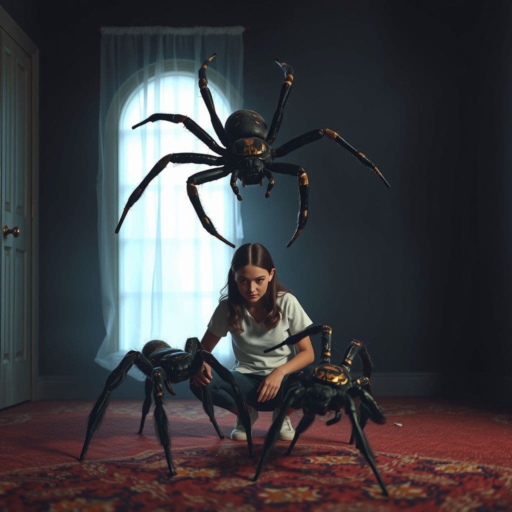 Surreal dream scene, cinematic and atmospheric, digital art: A tense and surreal scene inside a dimly lit room where a young woman, a sweet girl with a mischievous smile, and two giant spiders are present, as they nervously and determinedly confront one large spider while the absent ex is implied, capturing the complex emotions of jealousy, fear, and uneasy alliance.