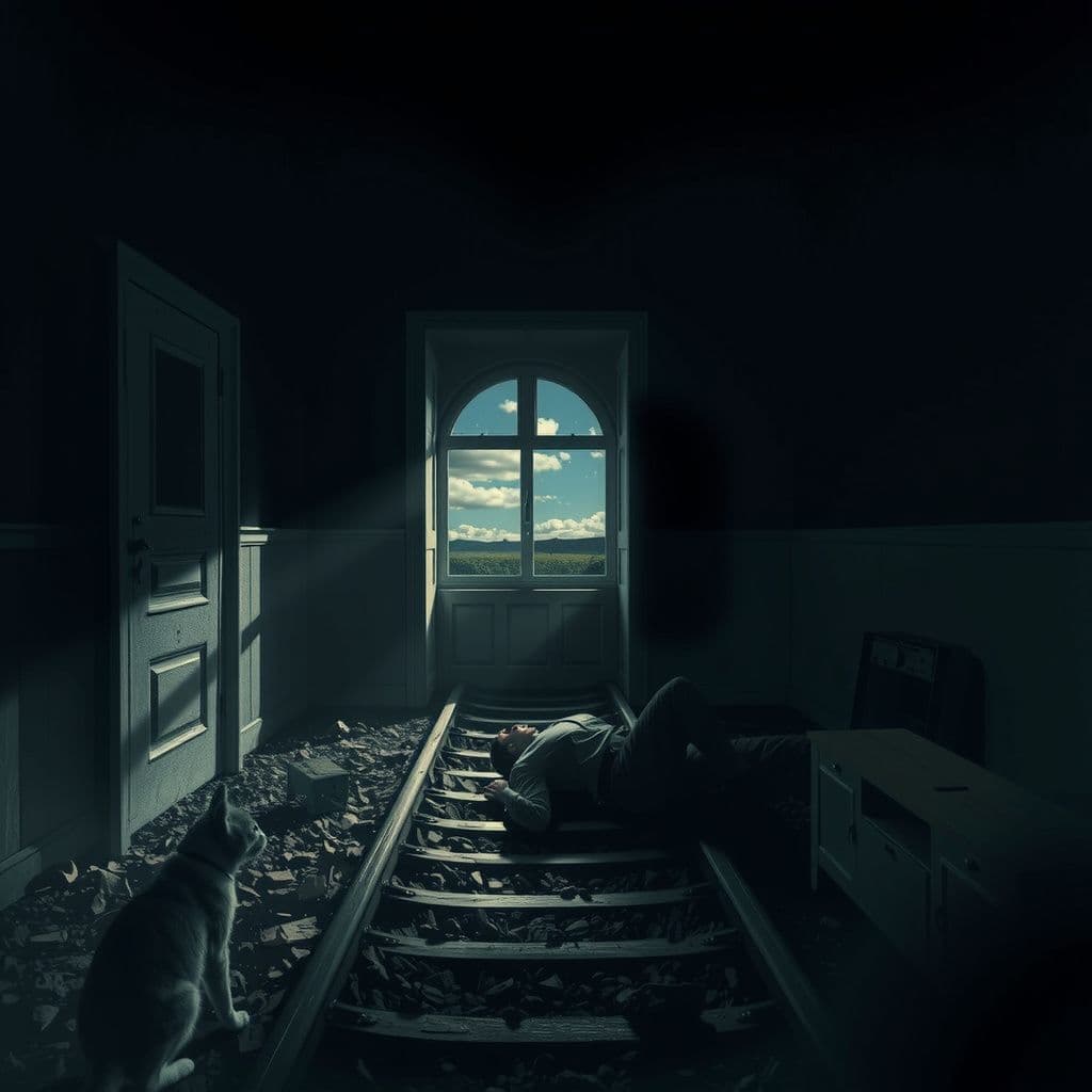 Surreal dream scene, cinematic and atmospheric, digital art: A surreal and moody dreamlike room filled with shadows, a lone figure lying on train tracks under a dark sky, distant whistle echoes, and subtle hints of a cat and dog nearby in a dimly lit, unsettling atmosphere.