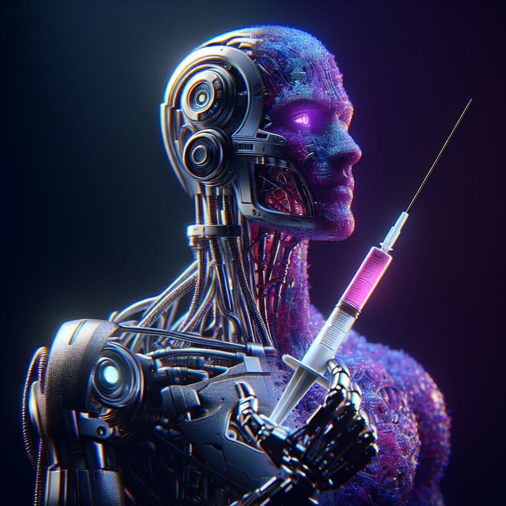 Digital art 4k scene from a movie: An android hybrid with a wire-like tail and syringe at the end, torn between two rival teams, makes a decision to embrace their original purple color and feels a sense of resolution.