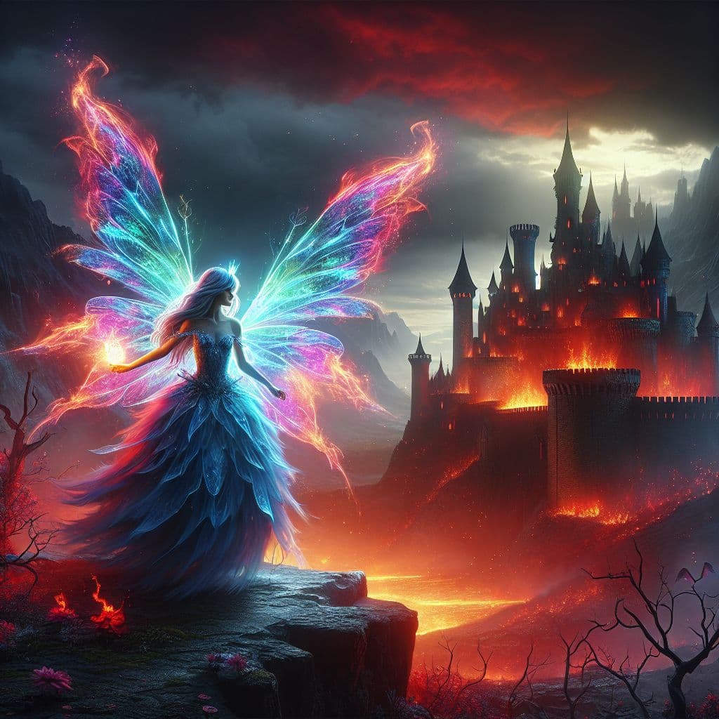 Digital art 4k scene from a movie: In a fairytale of cunning and courage, a fairy with wings of iridescent blues and flames of red and pink must defeat the lord of darkness to bring light back to the cursed castle.