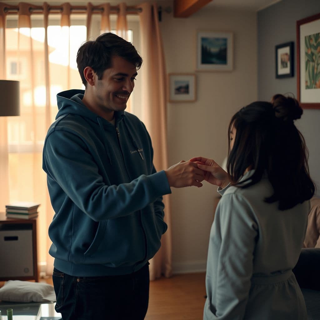 Surreal dream scene, cinematic and atmospheric, digital art: A compassionate scene where a person gently hands a colon cancer awareness bracelet to a new friend while sharing a thoughtful story about a recent encounter, set in a warm, cozy room with soft lighting and meaningful expressions.