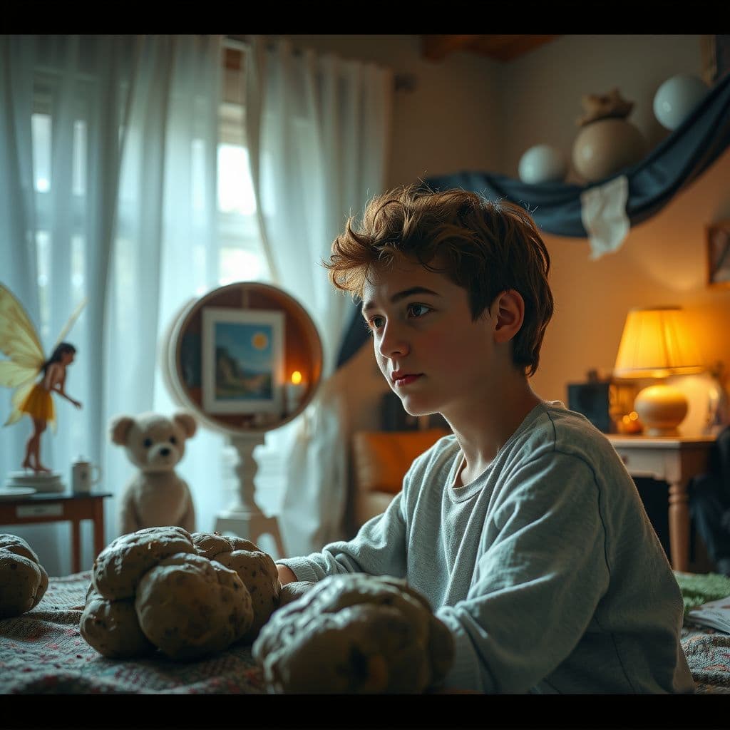 Surreal dream scene, cinematic and atmospheric, digital art: A surreal dreamscape depicting a young man in a cozy house filled with oversized, boulder-sized potatoes sprouting unexpectedly, a mystical fairy figure weaving illusions nearby, and a mix of familiar people including a singing woman and a caring mother, all blending reality with magical, shifting visions in a softly lit, whimsical atmosphere.