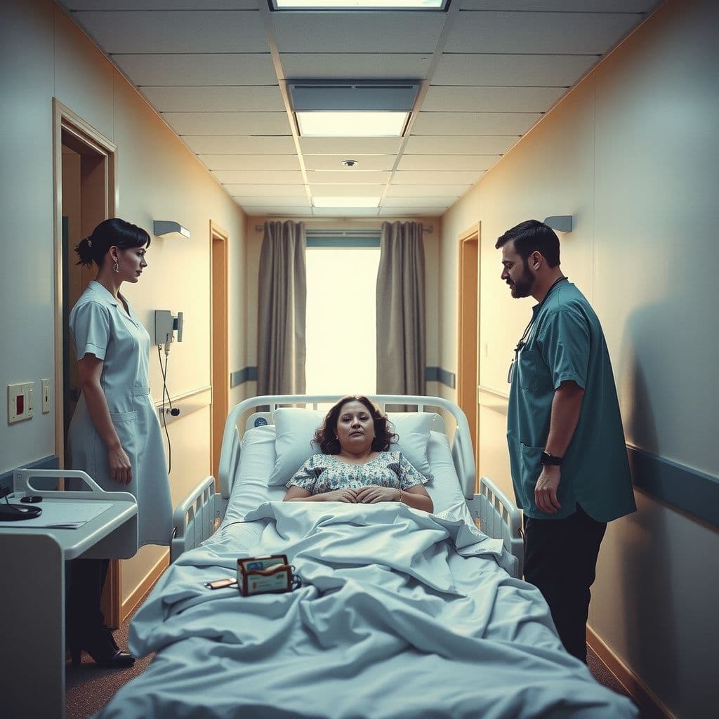 Surreal dream scene, cinematic and atmospheric, digital art: A compassionate nurse and an administrator make their rounds in a softly lit hospital hallway, checking on a patient resting comfortably in her bed with a gentle atmosphere of care and professionalism.
