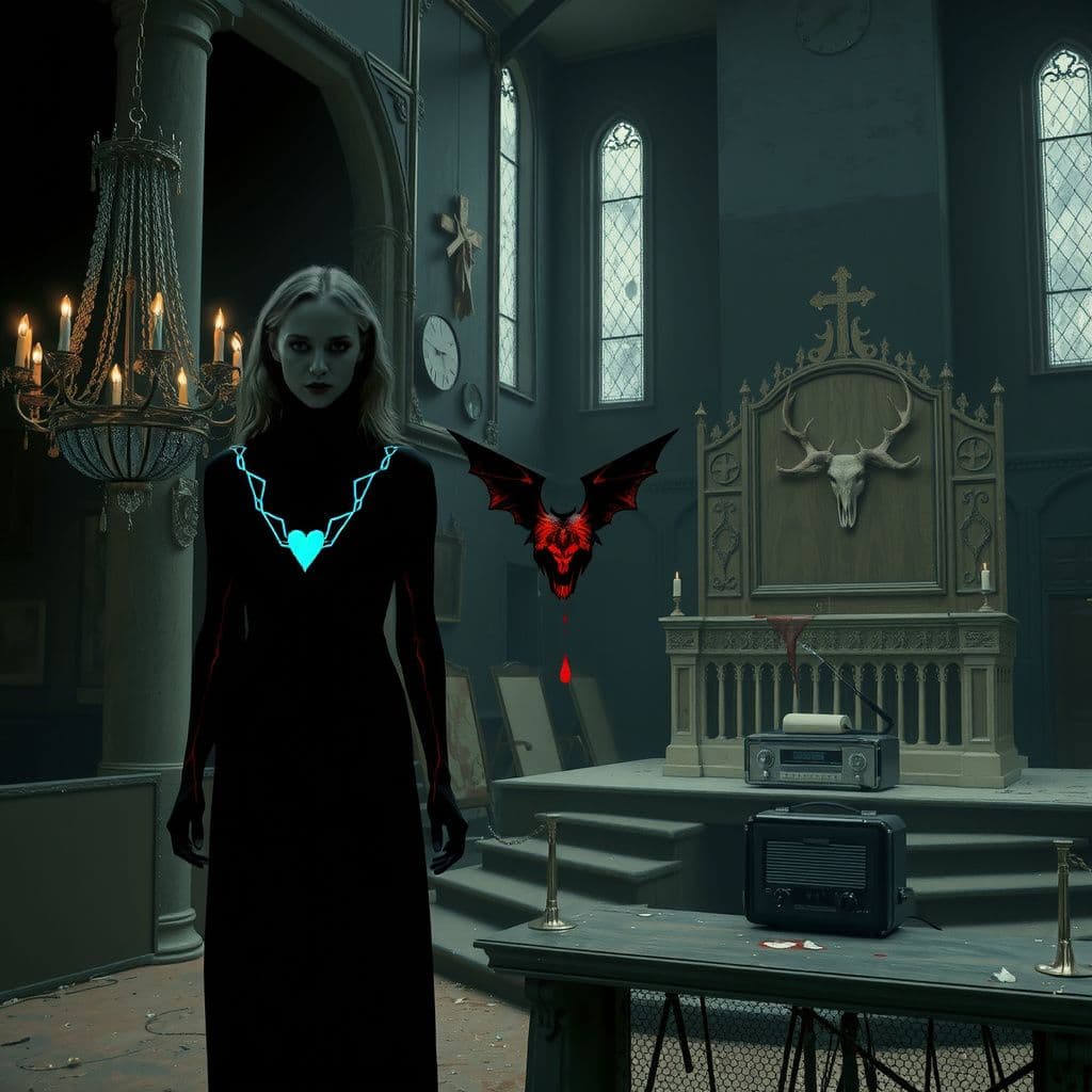 Surreal dream scene, cinematic and atmospheric, digital art: A black feminine shadow with glowing blue eyes and red veins tracing to a beating heart symbol, softly whispering as it follows a radio demon through a ruined church altar adorned with a blood-stained radio, bone and antler chandeliers, and eerie Wendigo motifs.