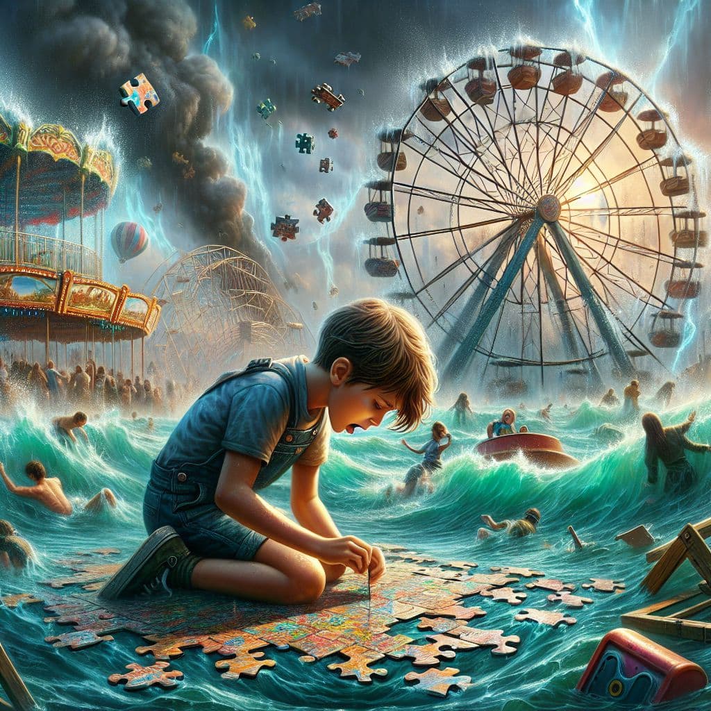 Digital art 4k scene from a movie: Create an image of a child with clairvoyance-like powers frantically working on a giant puzzle in an amusement park, while water fills the area and a ferris wheel falls in the background.
