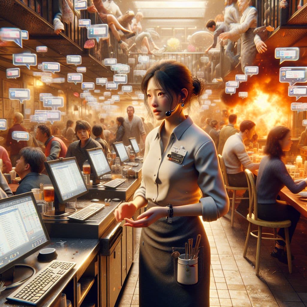 Digital art 4k scene from a movie: An exhausted waitress struggles with malfunctioning computers and difficult customers during a chaotic shift at a busy restaurant.