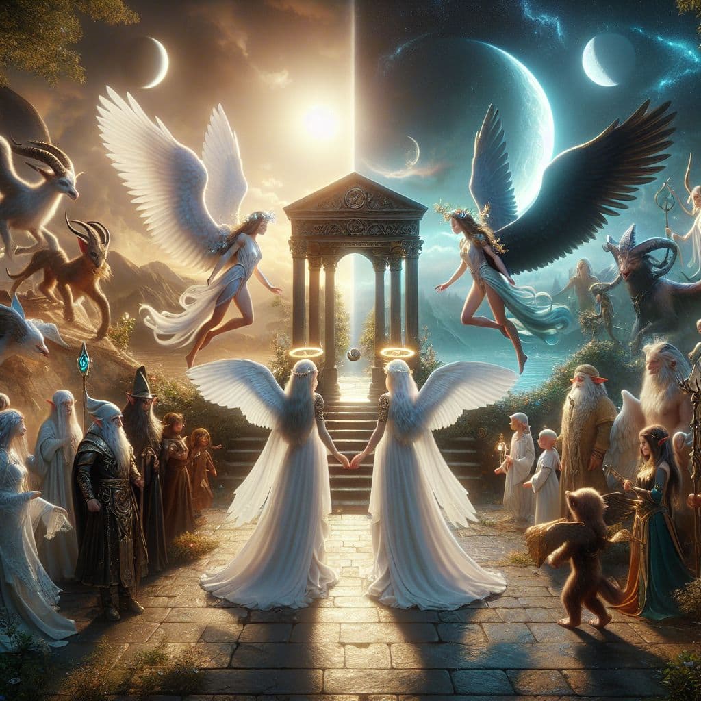 Digital art 4k scene from a movie: Two angelic twin sisters with contrasting wings and halos find themselves guiding a diverse council of mythical creatures to a meeting spot under a gazebo where the sun and moon hold a magical balance in the sky.