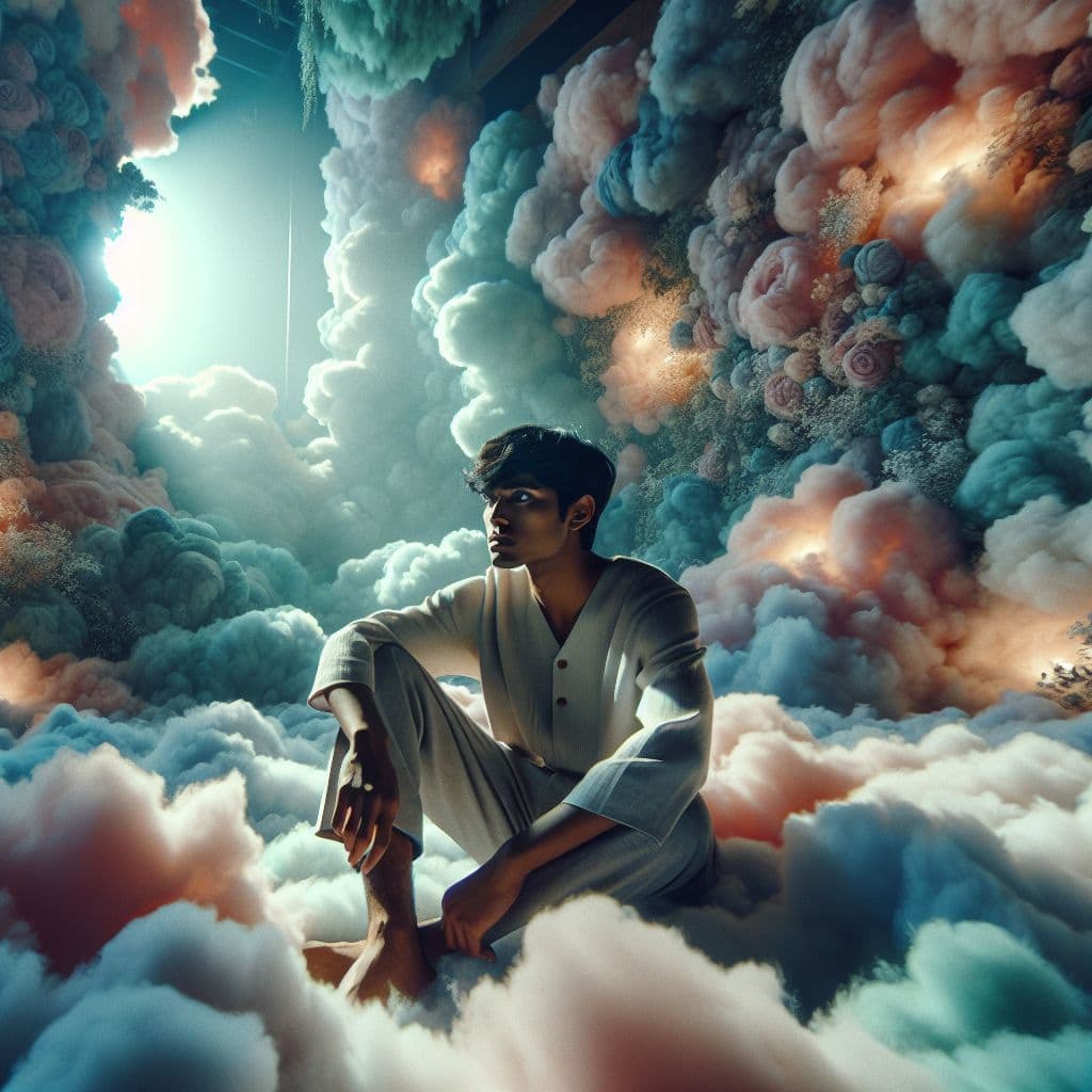 Surreal dream scene, cinematic and atmospheric, digital art: A dreamy, surreal scene of a young person reflecting thoughtfully while surrounded by soft, pastel-colored clouds and gentle light.