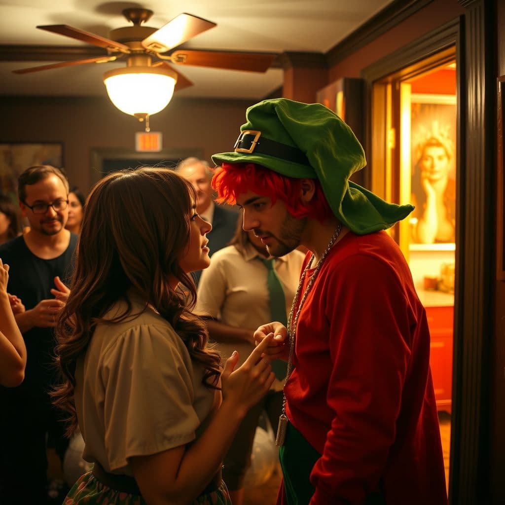 Surreal dream scene, cinematic and atmospheric, digital art: A surreal scene of a crowded costume party in a lively house where a woman confronts her red-haired ex dressed as a leprechaun, with an emotional mix of tension and nostalgia, while the background transitions into a cosmic tunnel symbolizing her feelings of escape and transformation.