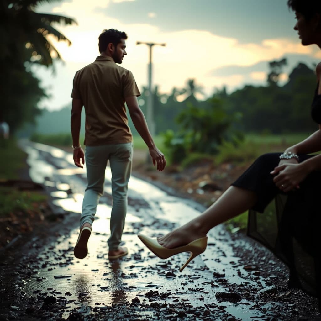 Surreal dream scene, cinematic and atmospheric, digital art: A tender moment on a muddy path in Karuvannur, where a person in heels gently holds Satvik's hand as he subtly withdraws and guides the hand to a palm hold, capturing a nuanced emotional exchange during their walk.