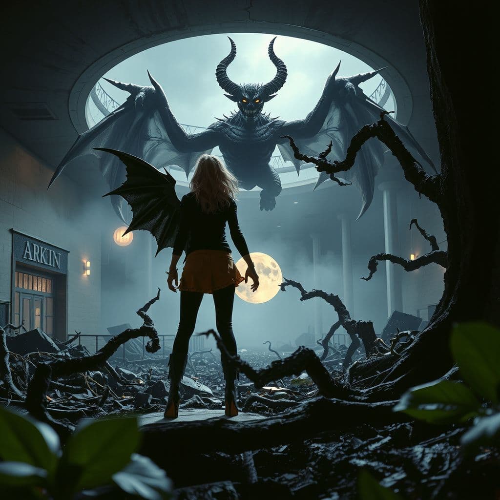 Surreal dream scene, cinematic and atmospheric, digital art: A fierce young woman with glowing eyes, shadowy wings, and clawed limbs stands in a ruined, overgrown mall facing a dark, menacing Demon King amidst swirling black roots and cracks spreading like hellish veins across the desolate landscape.