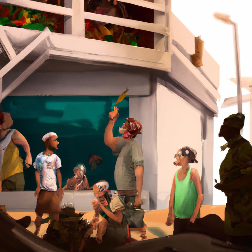 Digital art, A group of people of a different nationality holding guns, ordering people around, while I and my friends are visiting a craft store near the seaside, and I'm telling them about my experience of being invaded by another country.