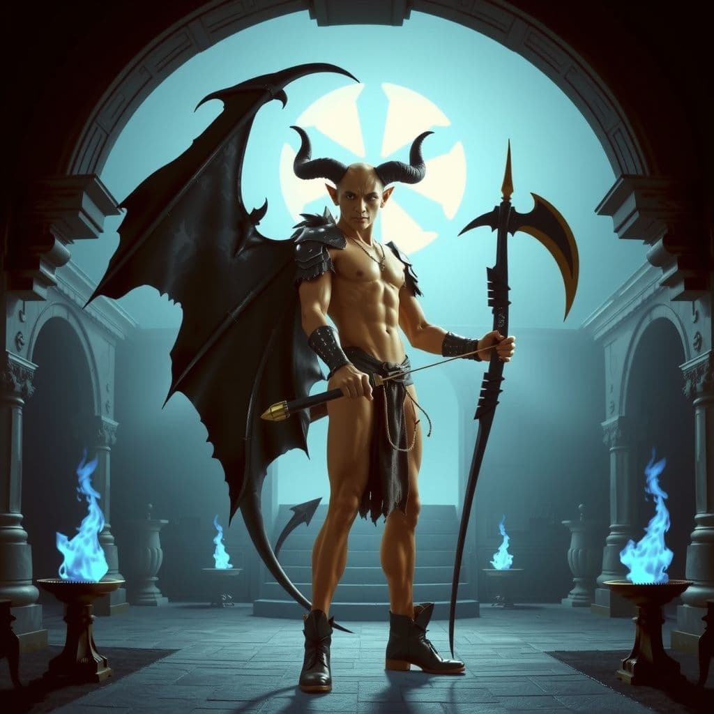 Surreal dream scene, cinematic and atmospheric, digital art: A tall tan-skinned Robloxian with black demon wings, a demonic tail, and two black horns stands in an abyssal black-stone palace illuminated by blue flame braziers, wielding a shadowy void bow harp and a dark scythe forged from negative energy, embodying a powerful admin with an intimidating black armored true form.