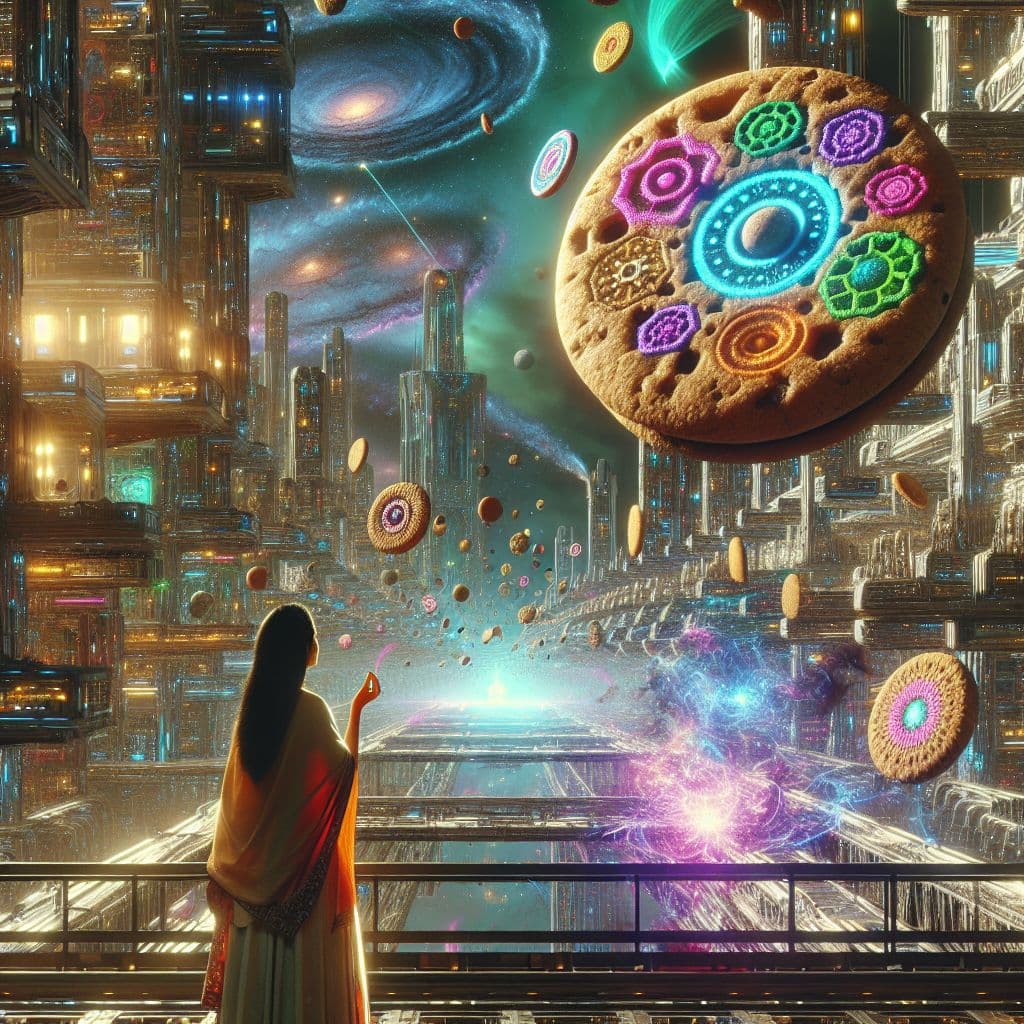 Digital art 4k scene from a movie: An individual finds themselves in a futuristic world where special cookies given by the government grant people the ability to manifest their dreams into reality, resulting in extraordinary powers and abilities beyond comprehension.