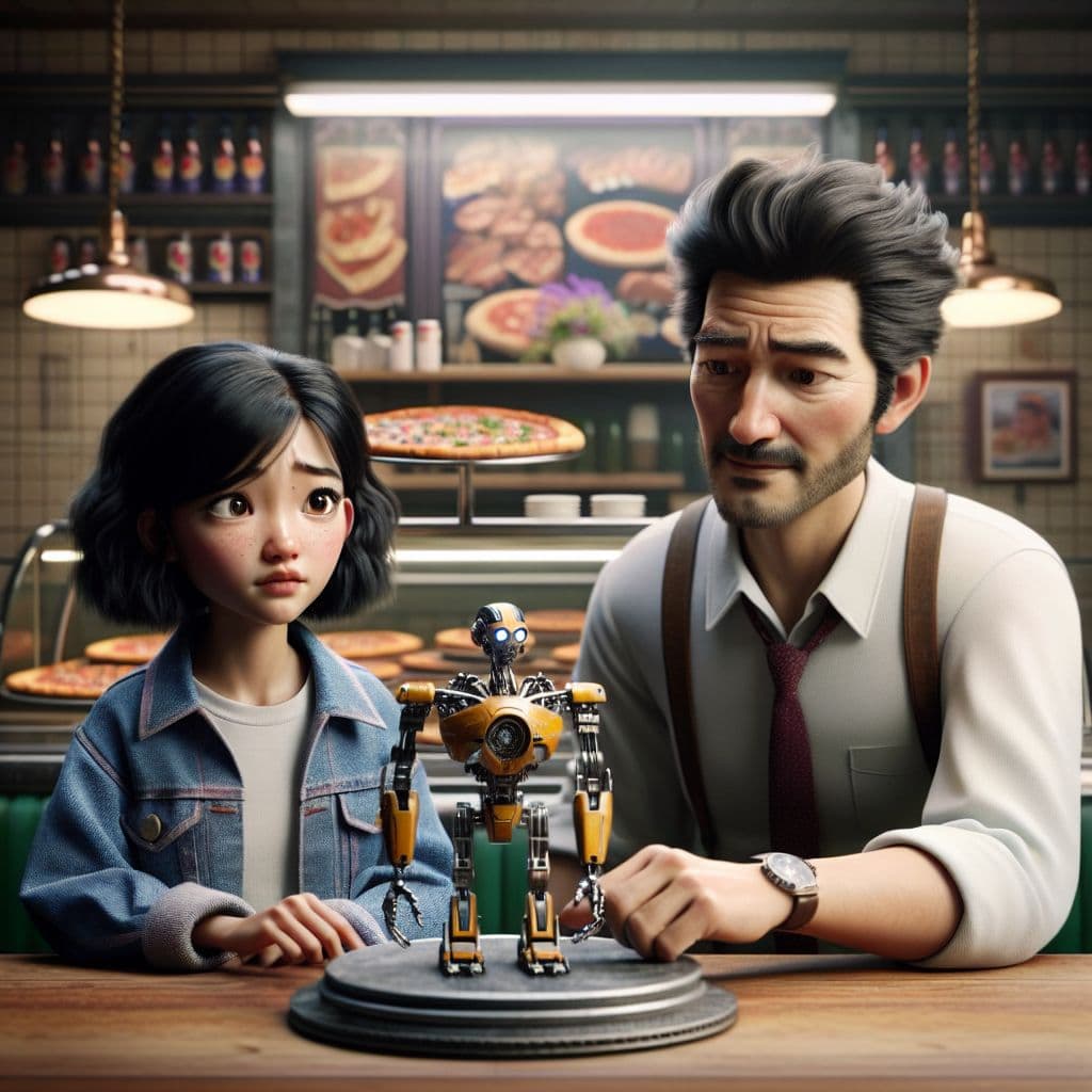 Digital art 4k scene from a movie: She saw her younger self in a Pizzeria from Fnaf 6, nervously fiddling with a replica display until Micheal reassured her that it wasn't a big deal.