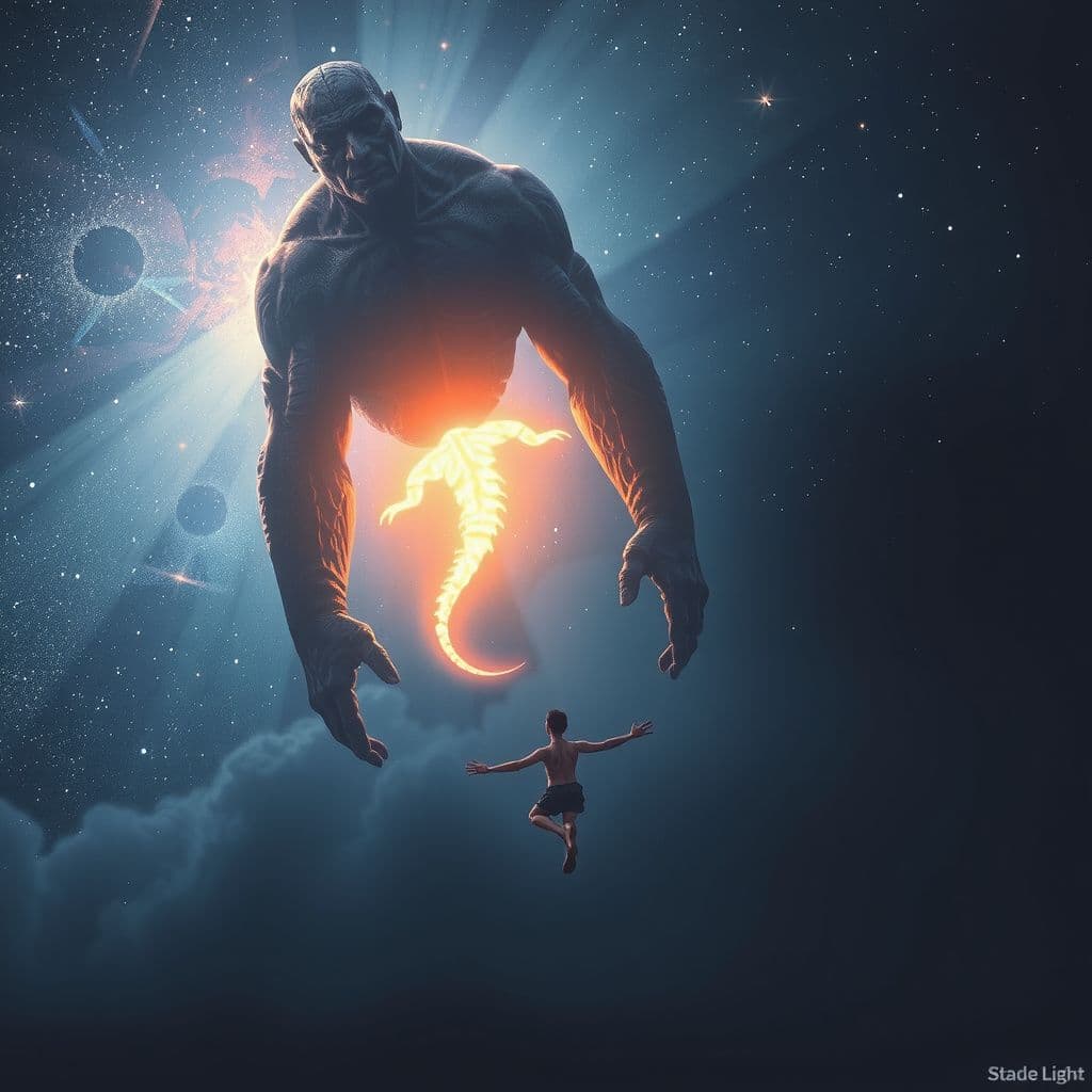 Surreal dream scene, cinematic and atmospheric, digital art: A person swims gracefully through a vast night sky filled with stars, passing enormous, ethereal beings like titans and dragons that glow softly against the cosmic backdrop.