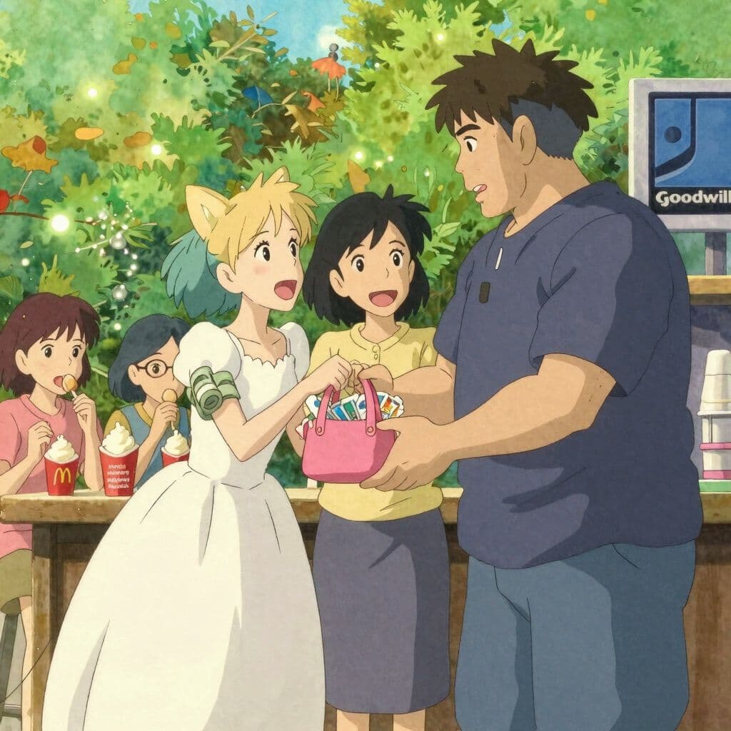 Hand-painted anime dream scene in the style of Studio Ghibli, soft watercolor backgrounds, lush nature, whimsical warmth, gentle glowing light: A skinny blonde-haired person with bluish green wolf-cut hair and a long money roll tucked up their sleeve stands in a Goodwill store beside their mom, excitedly holding a small pink anime-style handbag filled with baseball cards as a strong-built man with short black hair offers to buy it, while later guests at an unusual wedding at McDonald’s enjoy ice cream from cups that say ‘stop having weddings at McDonald’s’.