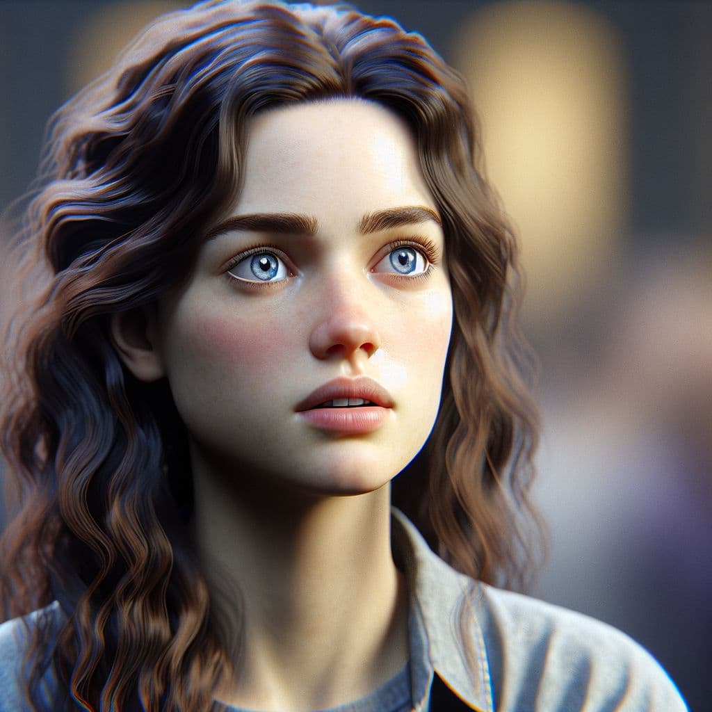 Digital art 4k scene from a movie: The young brunette with blue eyes is dropping out of college, feeling lost and confused in her classes, a reoccurring theme in her dreams.
