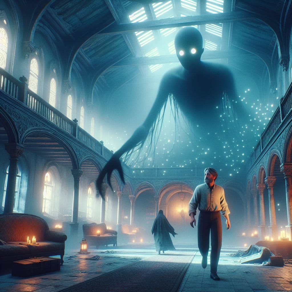 Digital art 4k scene from a movie: As John and the glowing-eyed shadow explore the rundown mansion inherited from his father, they encounter spirits of lost souls seeking peace and closure, ultimately finding a way to release them from their grief and allow them to cross over to the afterlife.