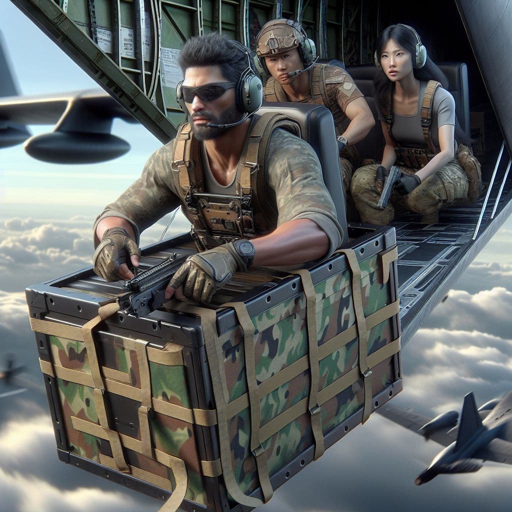 Digital art 4k scene from a movie: Generate an image of a person sitting in a camouflaged box-shaped aircraft, flying through a larger army plane with two other people beside them.