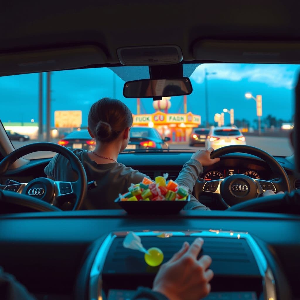 Surreal dream scene, cinematic and atmospheric, digital art: A teenage girl learning to drive a car with steering wheels on both sides, parked tightly between two cars near a lively fair, sharing colorful sour candy with her friend as they prepare to drive on a busy highway together.