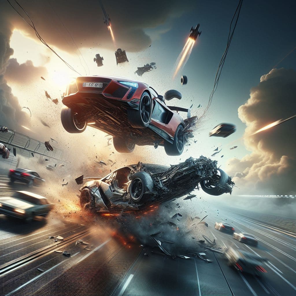 Digital art 4k scene from a movie: A car wreck at a race track with two cars colliding mid-air and crashing into the ground at high speeds.
