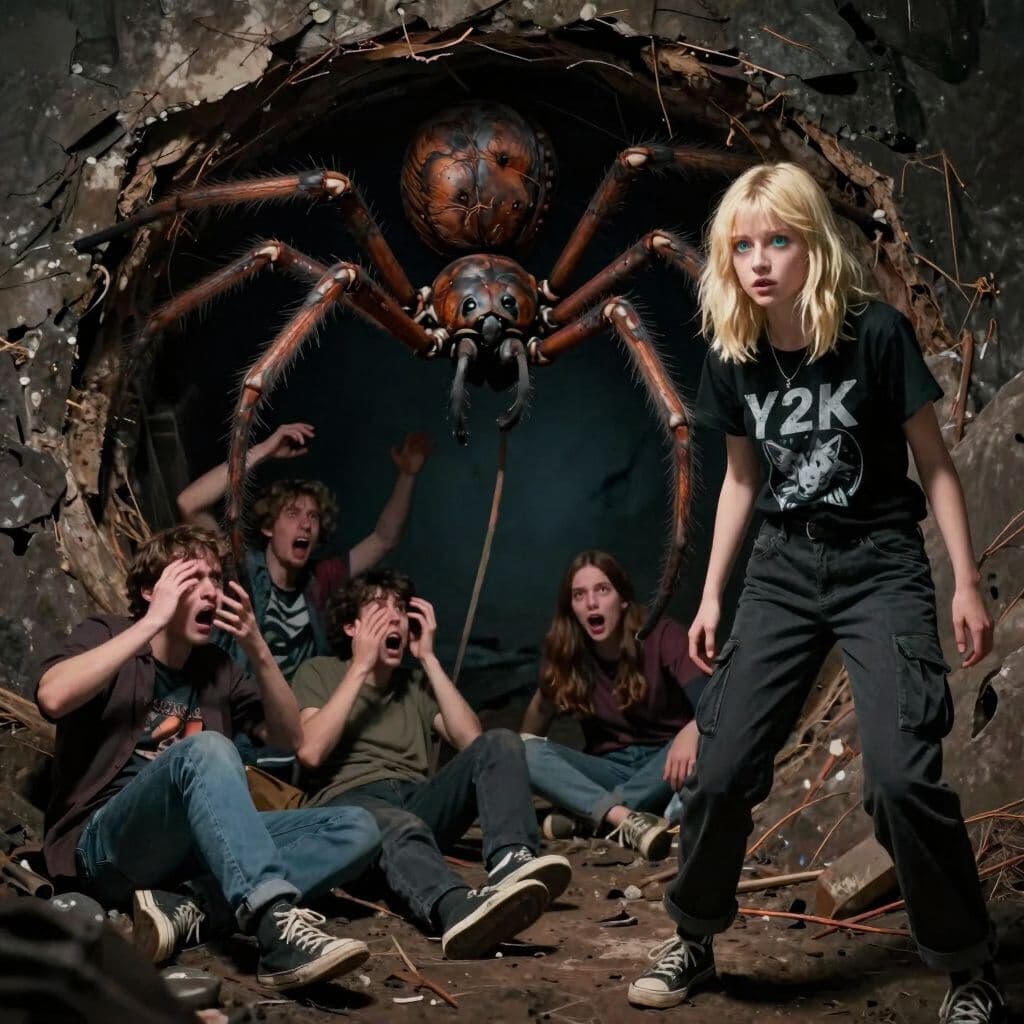 Surreal dream scene, cinematic and atmospheric, digital art: A tense scene where a huge spider emerges from a dark hole as five people on the ground react in fear, with three being pulled up into the hole by the spider along with a long stick, while an 18-year-old skinny blonde girl with wolf cut shoulder-length hair and bluish green eyes, wearing dark cargo pants and a black Y2K shirt, watches anxiously alongside others who panic around her.