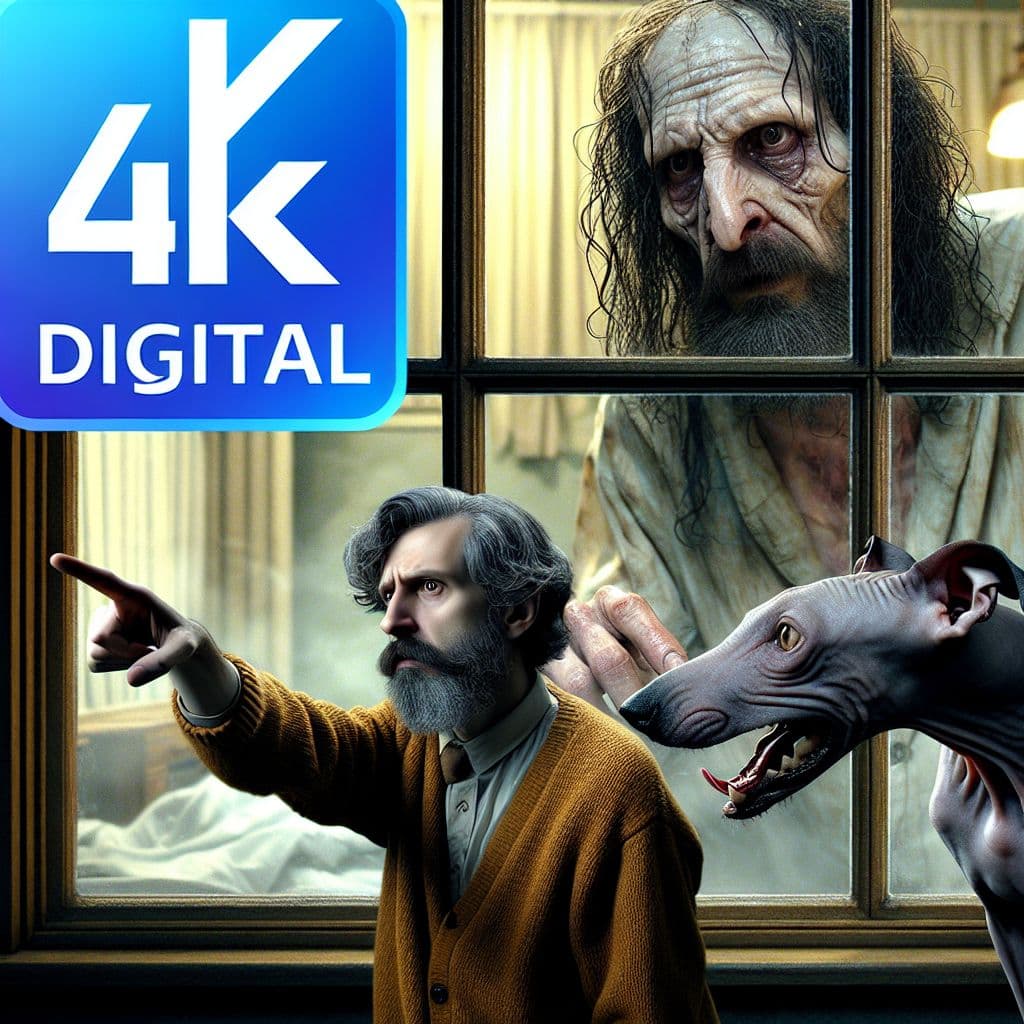 Digital art 4k scene from a movie: An eerie picture of a man with a bony finger pointing, accompanied by a creepy, hairless dog, standing outside a window while a second man with long, curly hair sticks to the window, creating a terrifying nightmare scenario.