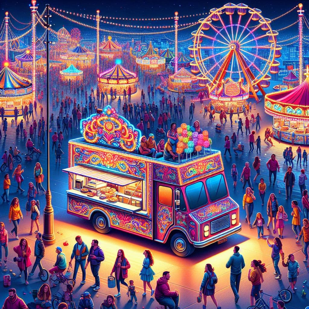 Digital art 4k scene from a movie: Create an image of a cheerful fairground with a colorful truck selling snacks and drinks.