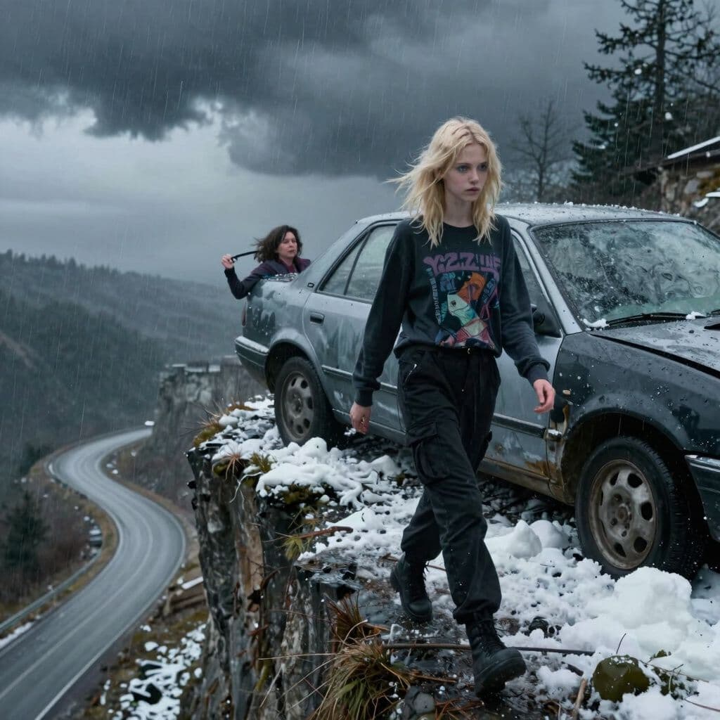 Surreal dream scene, cinematic and atmospheric, digital art: A blonde-haired, skinny 18-year-old girl with shoulder-length wolf cut hair and bluish eyes, wearing black cargo pants and a dark long-sleeve Y2K shirt, walks beside a heavily damaged car after sliding off a snowy, rain-soaked cliff while driving with her mother, the scene showing a dramatic cliffside with stormy weather and a winding road below.
