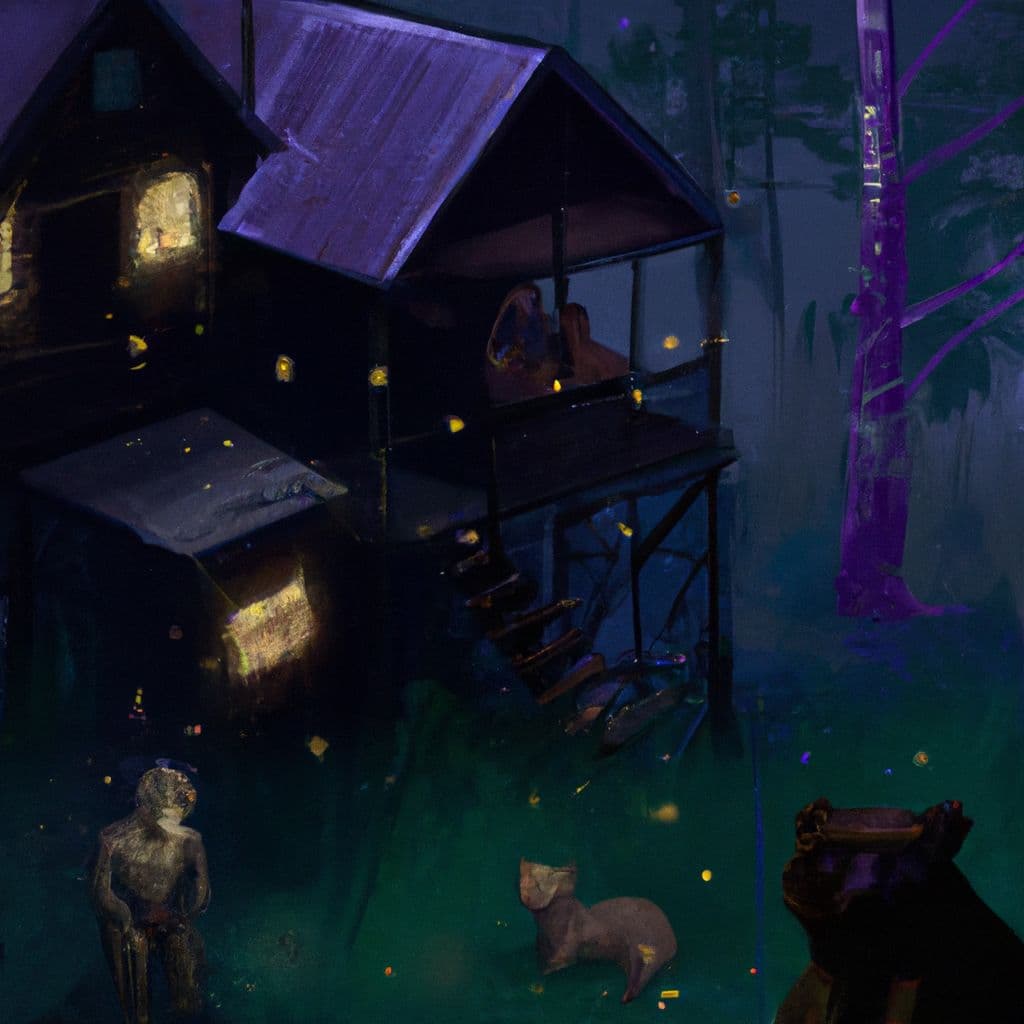Digital art, A person finds themselves lost in a common with their friends, only to stumble upon their mother's house, where they encounter a terrifying scene involving a bear and other massive animals, ultimately resulting in their mother's tragic fate.