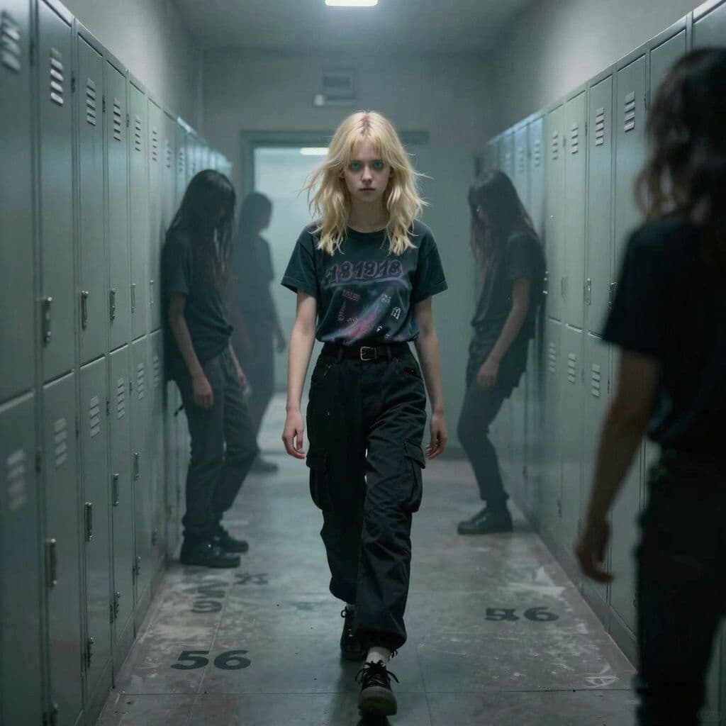 Surreal dream scene, cinematic and atmospheric, digital art: A young blonde girl with bluish green eyes and shoulder-length wolf cut hair, wearing black cargo pants and a dark Y2K shirt, walks through a mysterious hallway lined with lockers while shadowy figures around her chant numbers like '18, 18, 18' and '56, 56' in a surreal, dreamlike atmosphere.