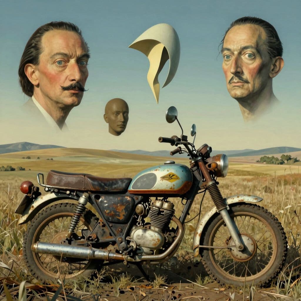 Surrealist dream scene, impossible geometry, melting forms, floating objects, dream-logic in the style of Dalí and Magritte: A rusty motorcycle parked in an overgrown field, with faded paint and worn-out parts, evoking a sense of nostalgia and uncertainty about its value.