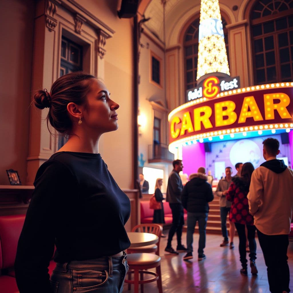 Surreal dream scene, cinematic and atmospheric, digital art: A young woman in Paris watches a bittersweet scene of a boy kissing her sister, then joyfully organizes a lively cabaret charity event featuring diverse singers performing on a colorful stage under warm lights.
