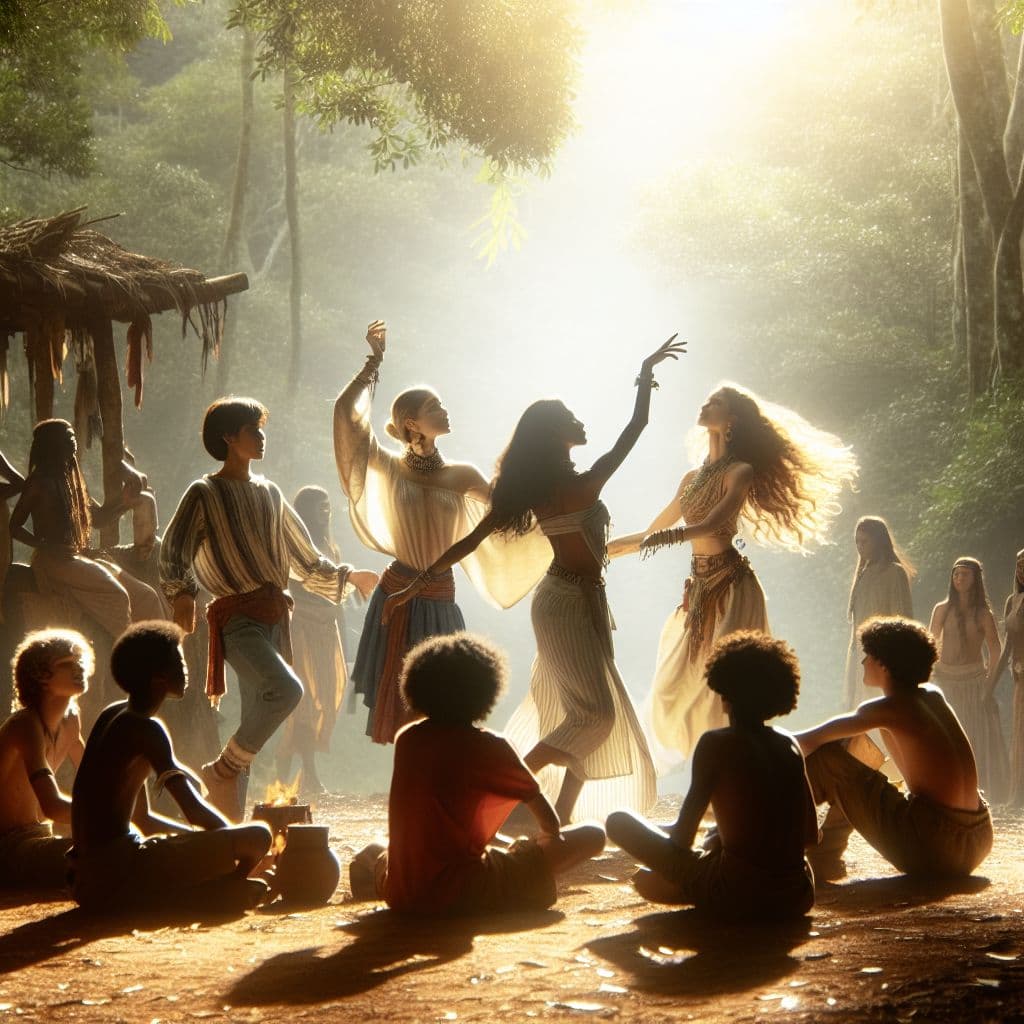 Digital art 4k scene from a movie: A group of boys bathe in the early morning sunshine at their campsite in the jungle, where three mysteriously beautiful ladies appear and begin dancing, one of them moving gracefully like a snake.