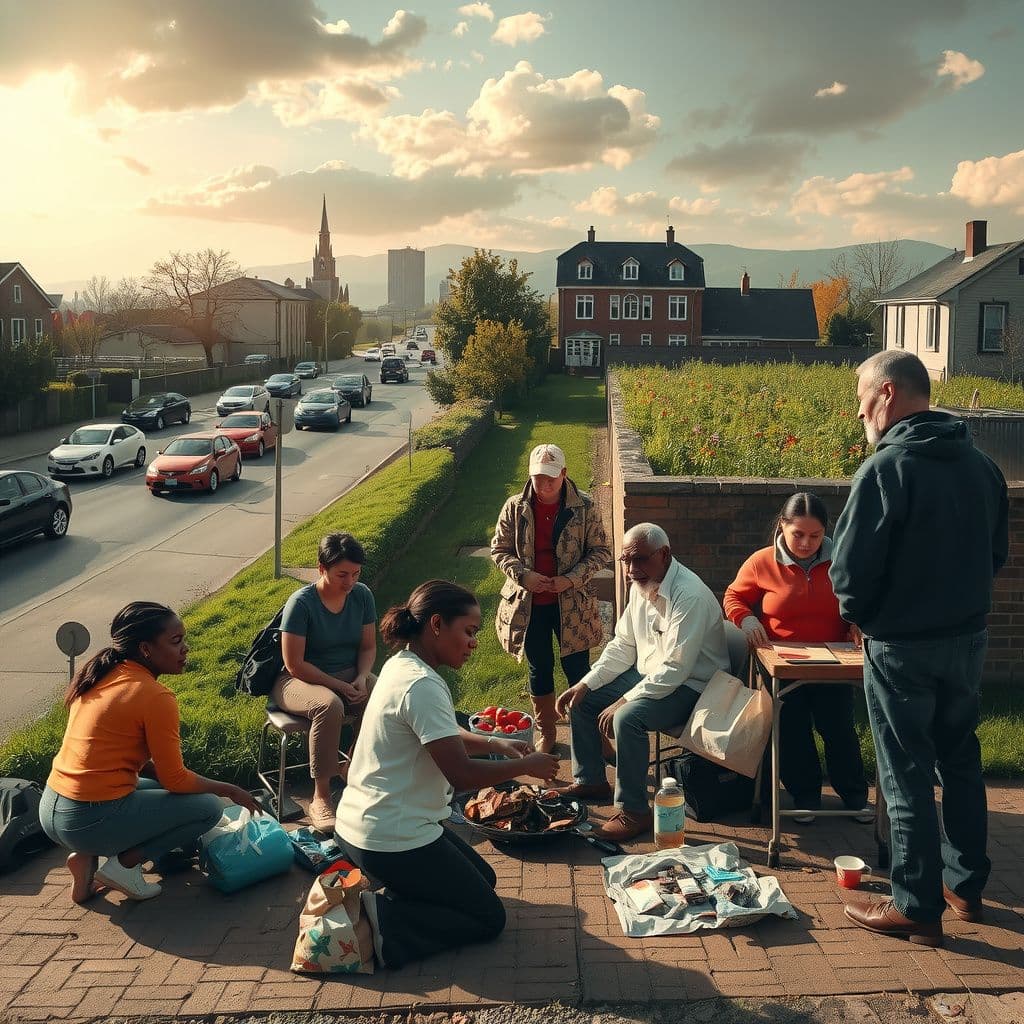Surreal dream scene, cinematic and atmospheric, digital art: A compassionate yet overwhelmed group of volunteers prepares a small urban homeless shelter with limited staff and facilities, welcoming diverse residents including women and children, set against a backdrop of city streets transitioning to a spacious rural property with gardens, illustrating the challenges of providing care without professional support.