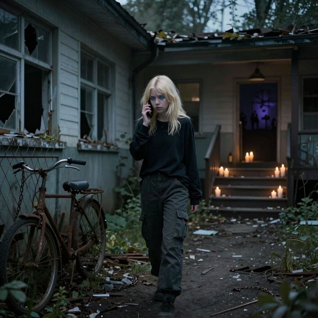 Surreal dream scene, cinematic and atmospheric, digital art: A blonde-haired, bluish-eyed girl with shoulder-length wolf cut hair, wearing dark cargo pants and a black long-sleeve emo shirt, cautiously exploring an eerie abandoned schoolyard with broken windows, a rusty bike chained to a fence, and a dimly lit house nearby with candles lining a staircase leading to a mysterious basement ritual, while speaking on the phone in a tense atmosphere.