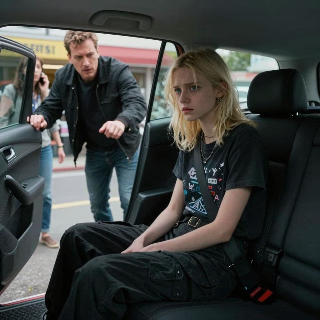 Surreal dream scene, cinematic and atmospheric, digital art: A skinny 18-year-old girl with blonde wolf cut shoulder-length hair and bluish green eyes, wearing black cargo pants and a dark Y2K shirt, sits in the back seat of a car next to her uncle, looking worried as a man in a black jacket aggressively tries to open her car door outside a store while her mom talks on the phone and ignores the situation.