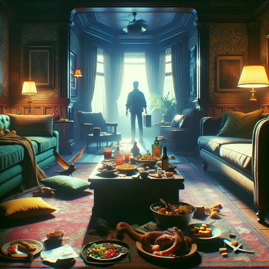 Digital art 4k scene from a movie: Exploring the mysterious neighbor's house, they found themselves in a cozy living room filled with tantalizing dishes of food, unsure of what adventure awaited them next.