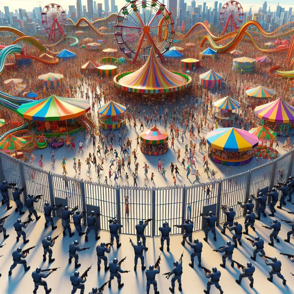 Digital art 4k scene from a movie: An aerial view of a crowded Disneyland filled with joyful visitors, surrounded by multiple attackers trying to break into the theme park.