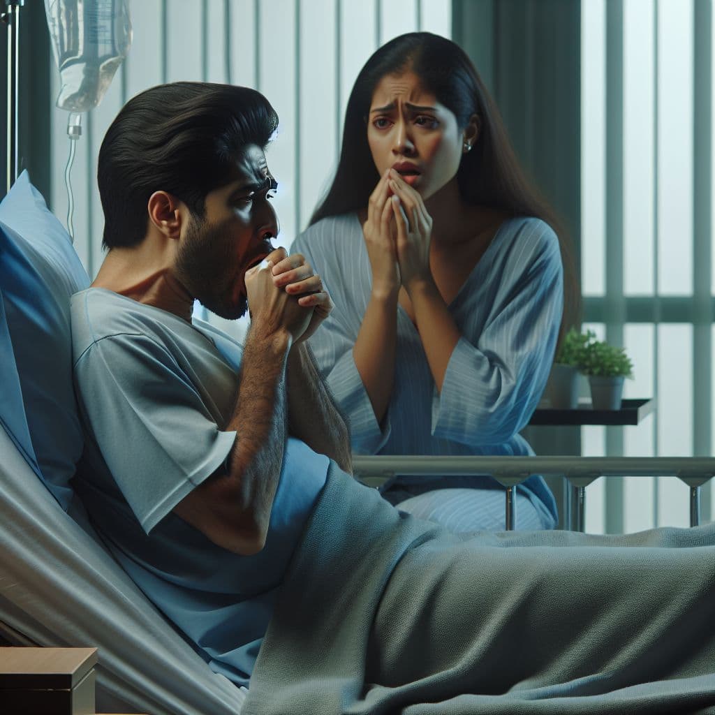 Digital art 4k scene from a movie: In a hospital room, a sick man lays in bed coughing loudly as his concerned ex-girlfriend sits on the edge, unsure of how to help.