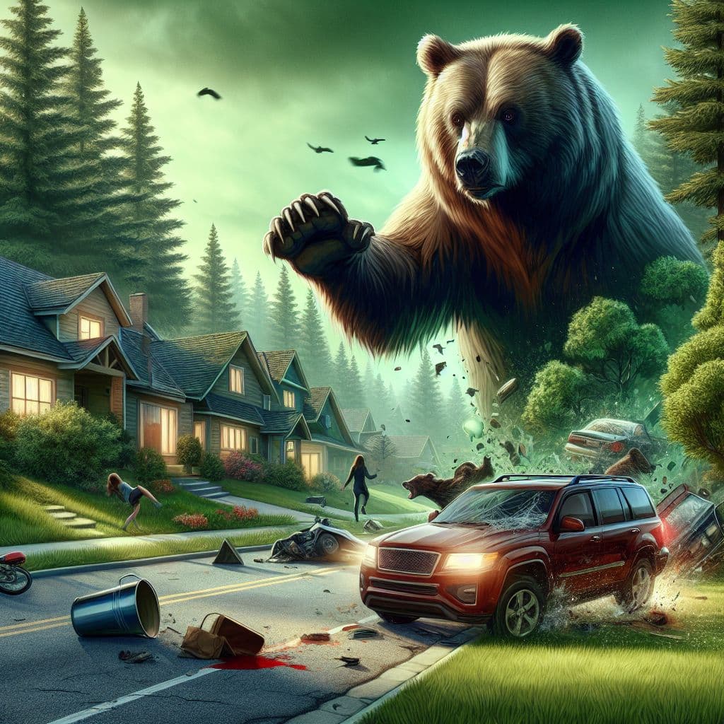 Digital art 4k scene from a movie: An unexpected car crash leads to a terrifying bear attack in a suburban neighborhood.