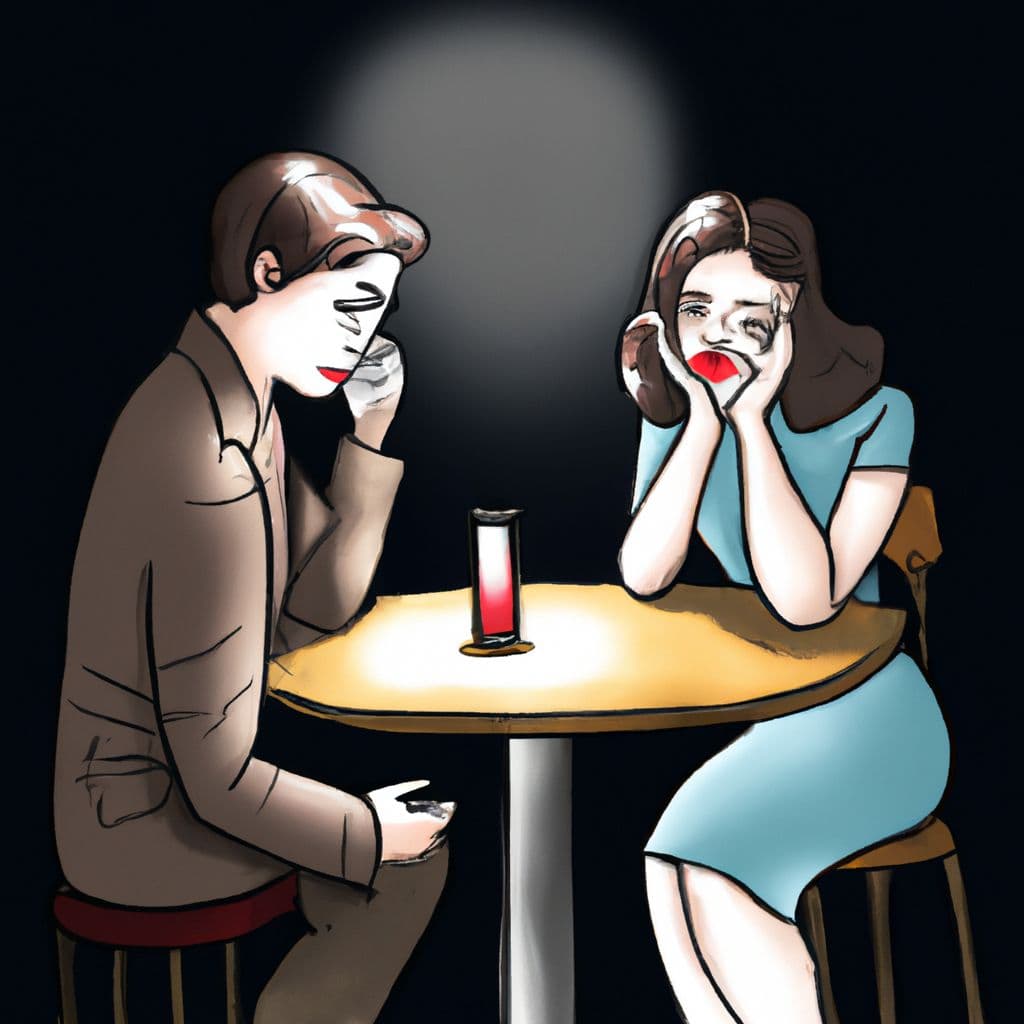 Digital art, The couple struggles to find common ground on their first date, experiencing awkward moments of silence and disagreement throughout.