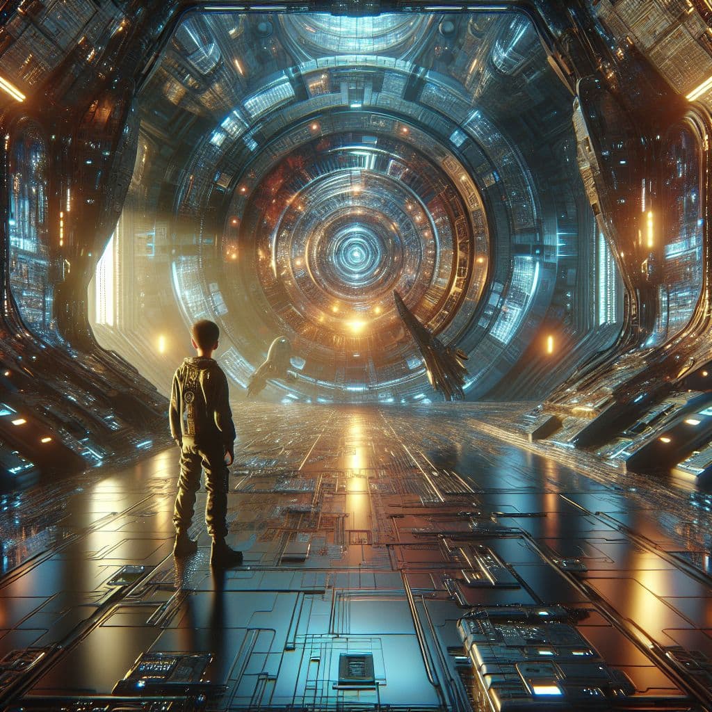 Digital art 4k scene from a movie: An outcast teenager on a massive space ship must go into hiding after being blamed for the deaths of his squad members during an alien investigation gone wrong.