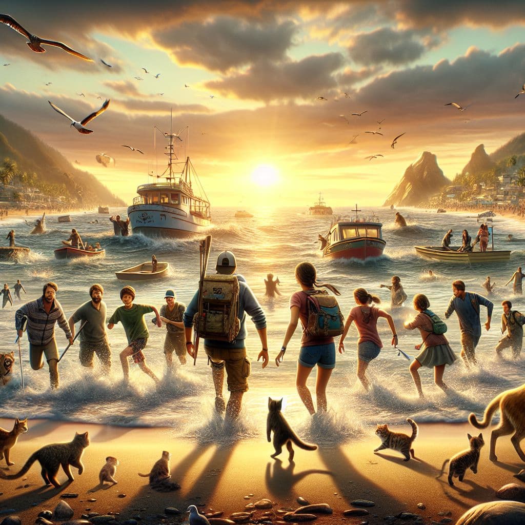 Digital art 4k scene from a movie: An adventurous rescue mission is underway as a group of friends band together to save their beloved kitten from an unexpected threat on the beach.