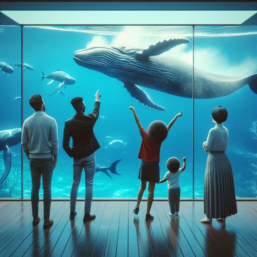 Surreal dream scene, cinematic and atmospheric, digital art: A person excitedly points out a playful whale splashing near a large glass aquarium window, where the whales' heads are uniquely bent to the right, as visitors watch in awe.