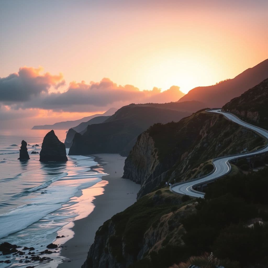 Surreal dream scene, cinematic and atmospheric, digital art: A serene view of the Pacific coast with dramatic cliffs and a winding coastal road under a soft sunset sky, capturing the beauty and tranquility of the seaside landscape.