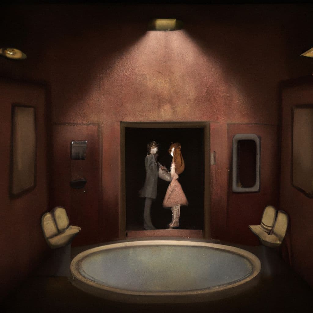 Digital art, A couple meets in an unlikely place, bonding over conversation in a partially enclosed restroom, before embarking on a whimsical date at an elegant theater watching a captivating performance, igniting feelings of safety, connection, and the potential for a future together.