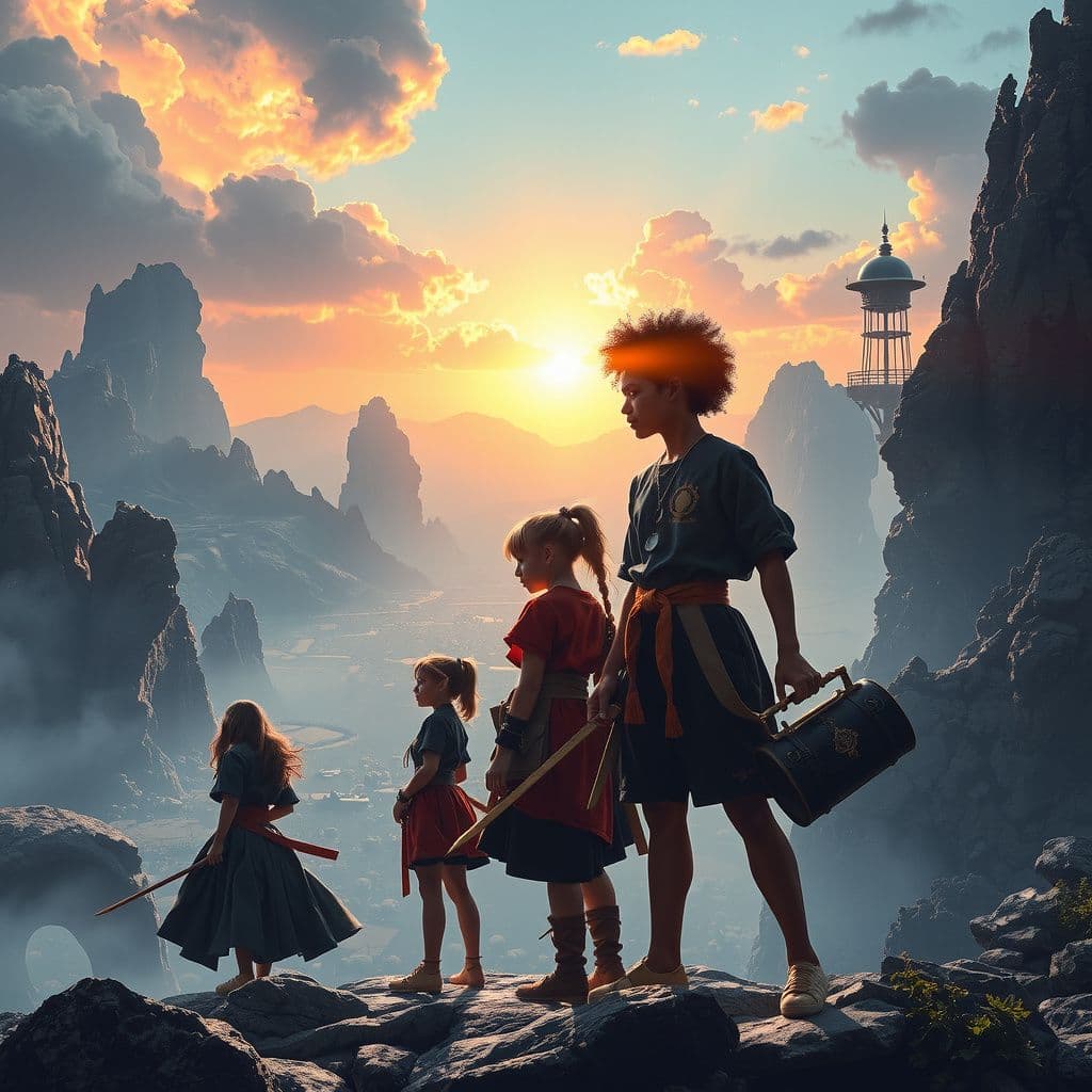 Surreal dream scene, cinematic and atmospheric, digital art: A group of young friends trains together in a magical alternate world, mastering ancient techniques and battling mystical creatures across diverse landscapes, growing stronger as a close-knit team while building a vibrant city filled with wonder and adventure.